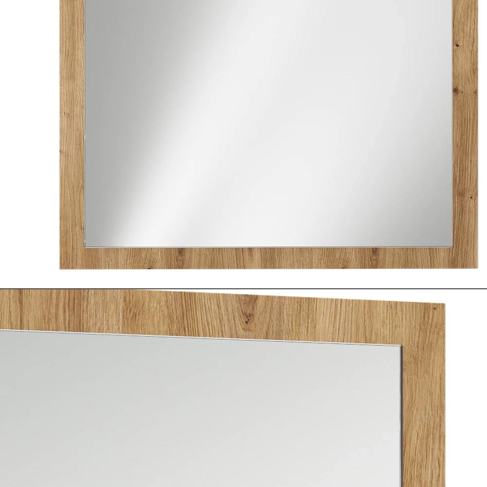 Nahaufnahme von Wandspiegel in Artisan-Eiche, zeigt Design- und Oberflächendetails