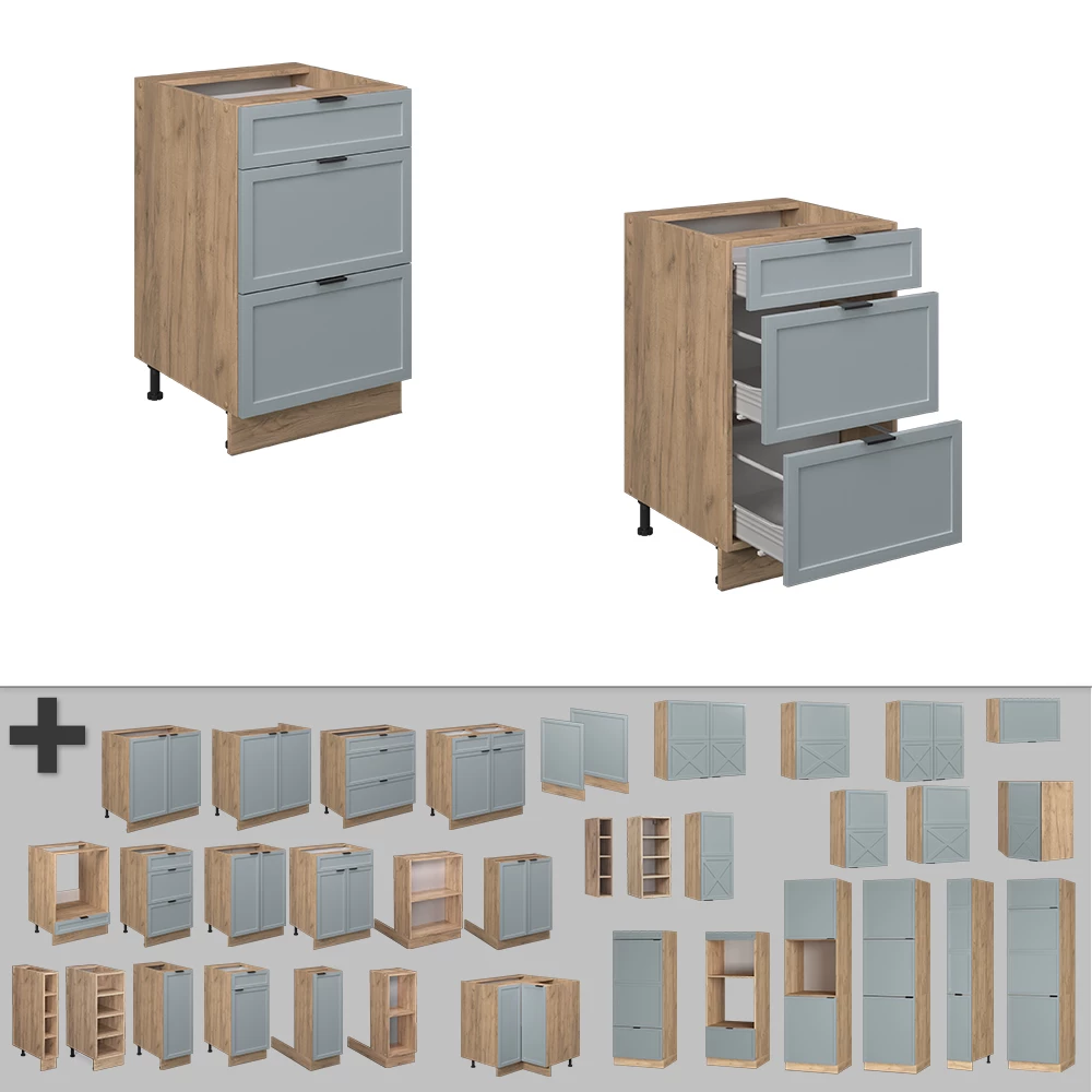 Nahaufnahme von Küchenunterschrank in Hellblau-grau, zeigt Design- und Oberflächendetails