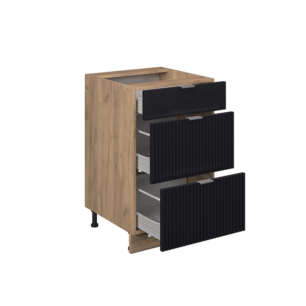 Nahaufnahme von Küchenunterschrank in Schwarz gestreift, zeigt Textur/Details