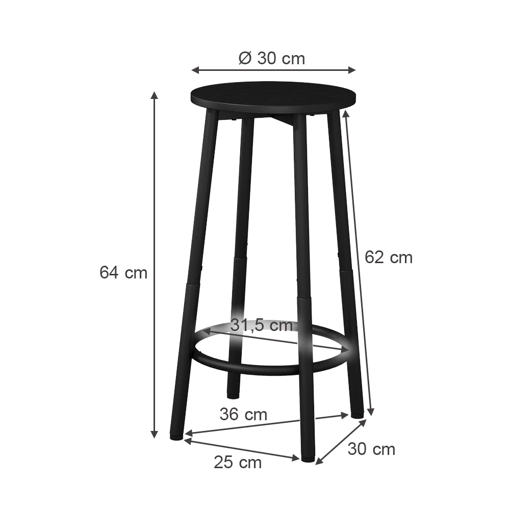 Bar stool 2-piece set in Black on white background with visible dimensions