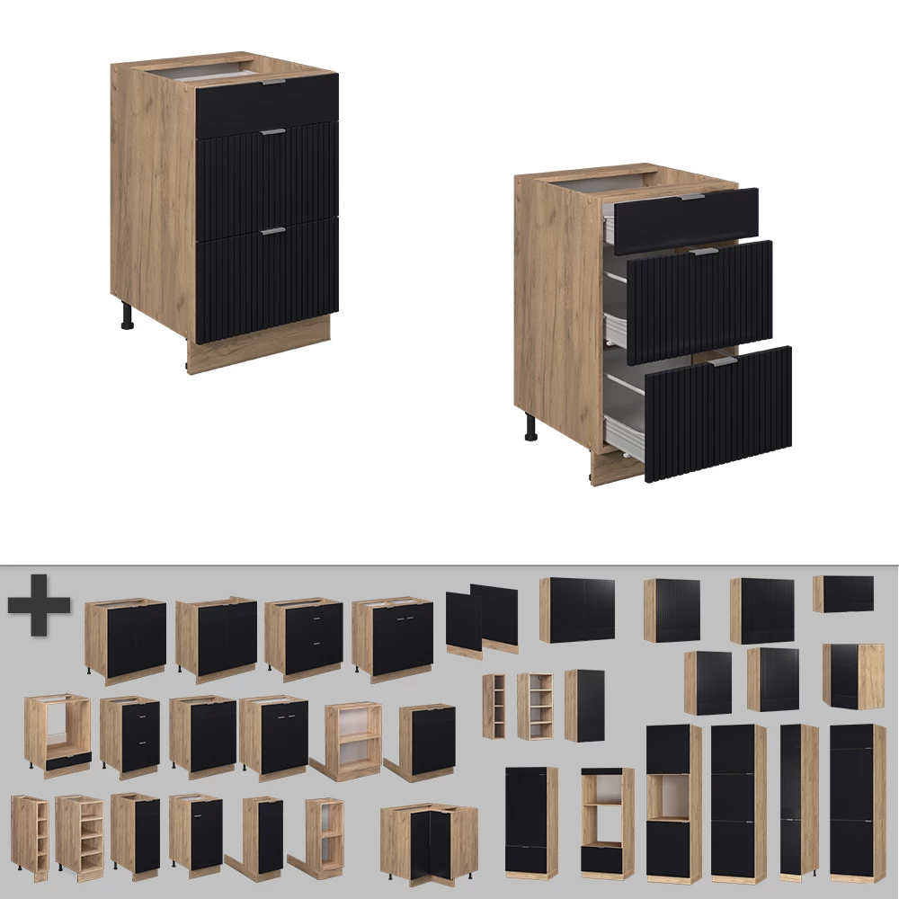 Nahaufnahme von Küchenunterschrank in Schwarz gestreift, zeigt Design- und Oberflächendetails