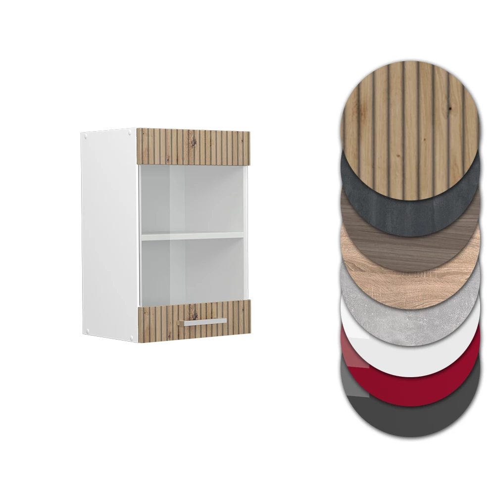 Nahaufnahme von Küchenglasschrank in Artisan-Eiche, zeigt Design- und Oberflächendetails