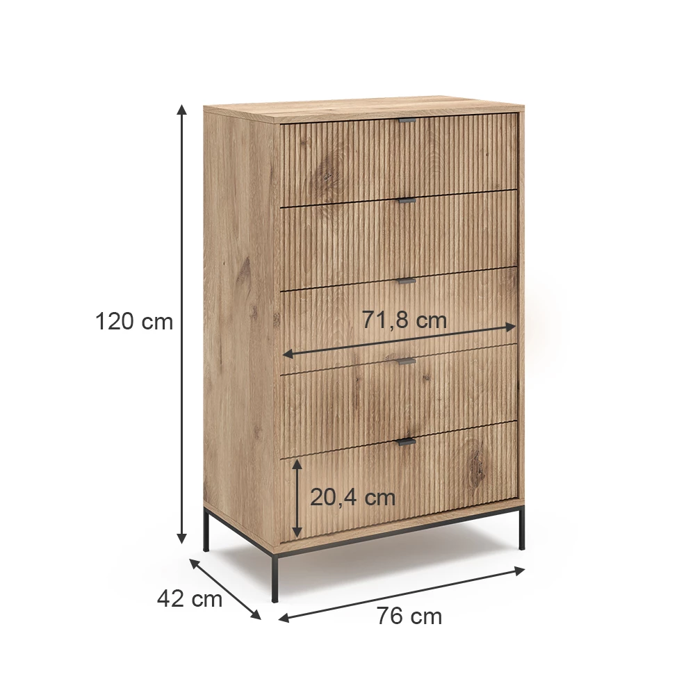Vicco Cassettiera "Eliza", Quercia vichinga, 76 x 120 cm con 5 cassetti