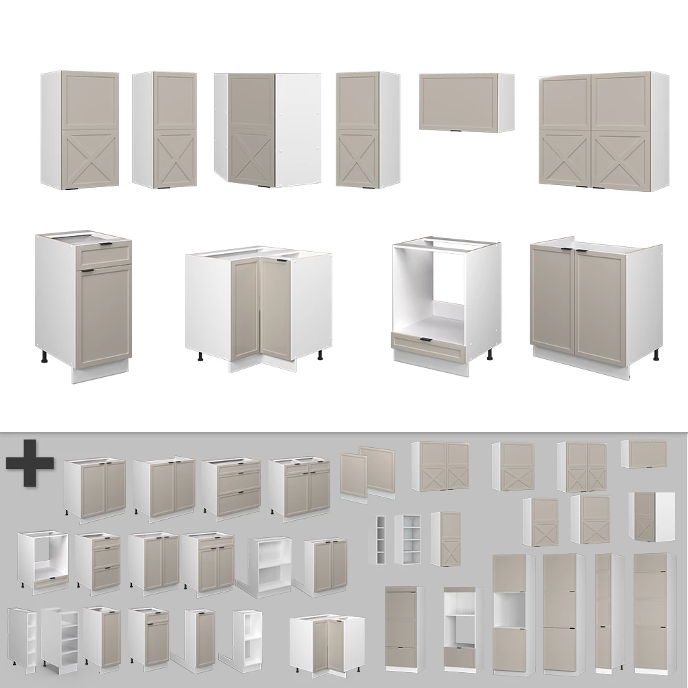 Nahaufnahme von Eckküche in GrauBeige/Weiß, zeigt Design- und Oberflächendetails