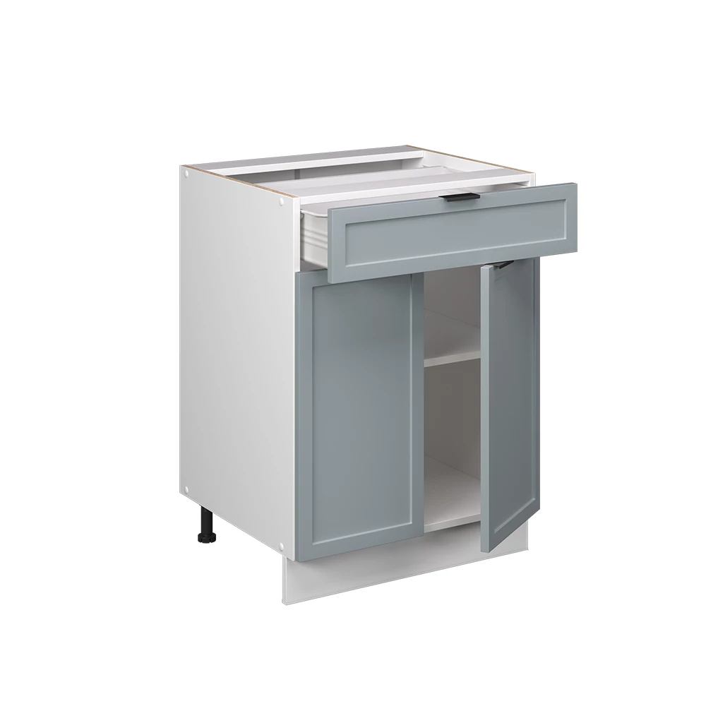 Nahaufnahme von Küchenunterschrank in Hellblau-grau, zeigt Textur/Details