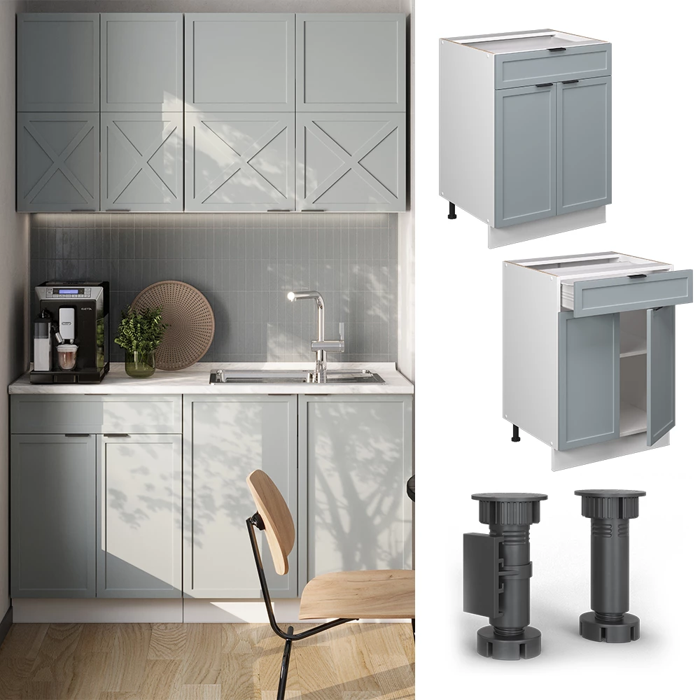 Küchenunterschrank in Hellblau-grau, dargestellt im Ambiente mit Dekoration