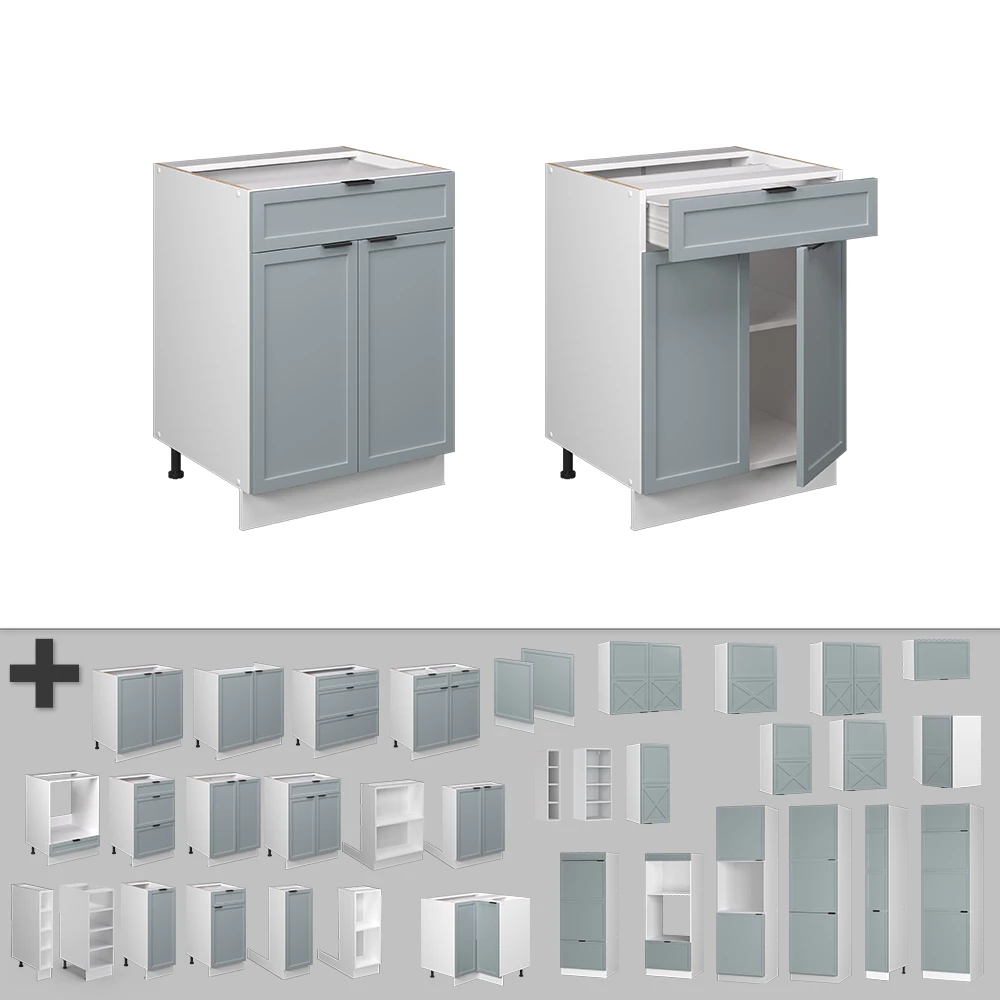 Nahaufnahme von Küchenunterschrank in Hellblau-grau, zeigt Design- und Oberflächendetails