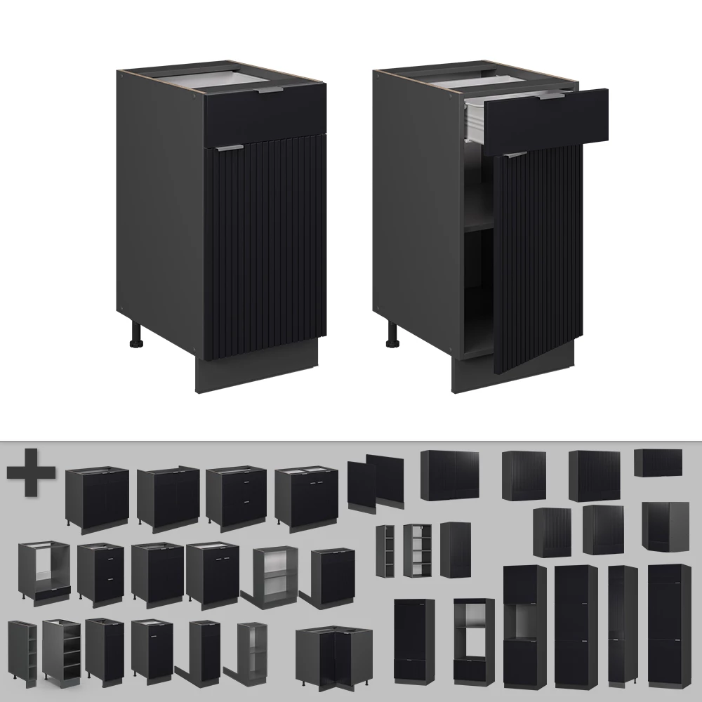 Nahaufnahme von Küchenunterschrank in Schwarz gestreift, zeigt Design- und Oberflächendetails
