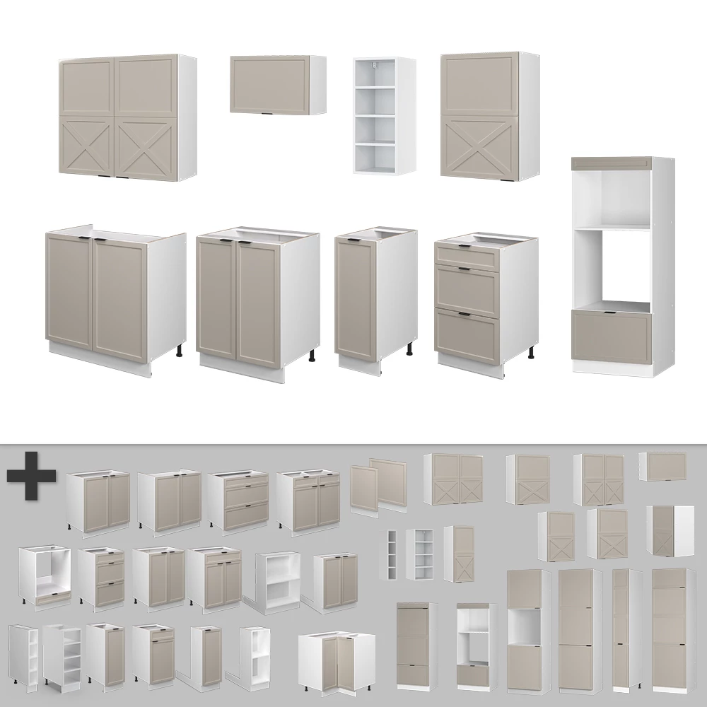 Nahaufnahme von Küchenzeile in GrauBeige/Weiß, zeigt Design- und Oberflächendetails