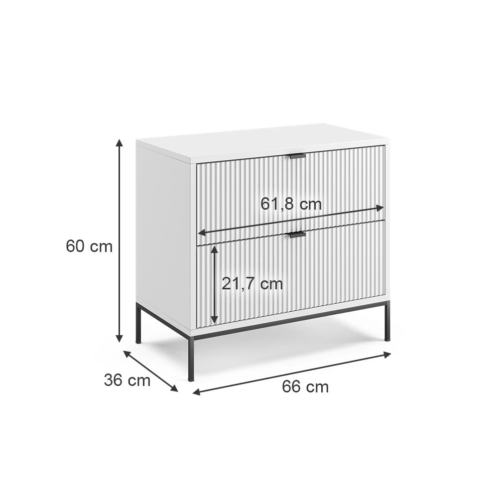 Nachttisch in Weiß auf weißem Hintergrund mit sichtbaren Maßen