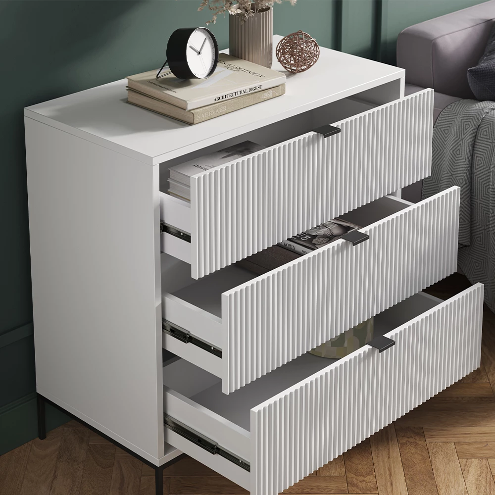 Nahaufnahme von Kommode  in Weiß, zeigt Textur/Details