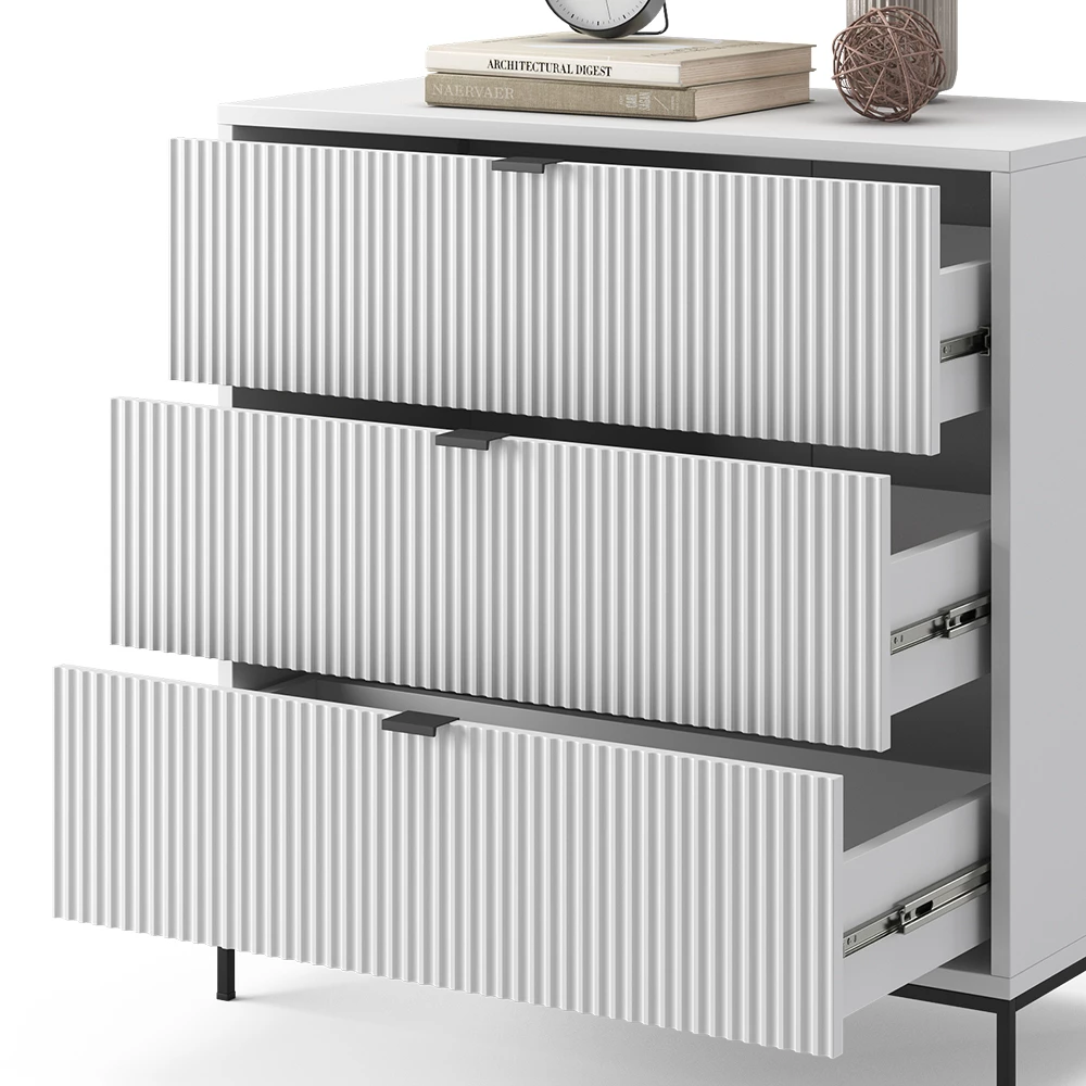 Nahaufnahme von Kommode  in Weiß, zeigt Design- und Oberflächendetails