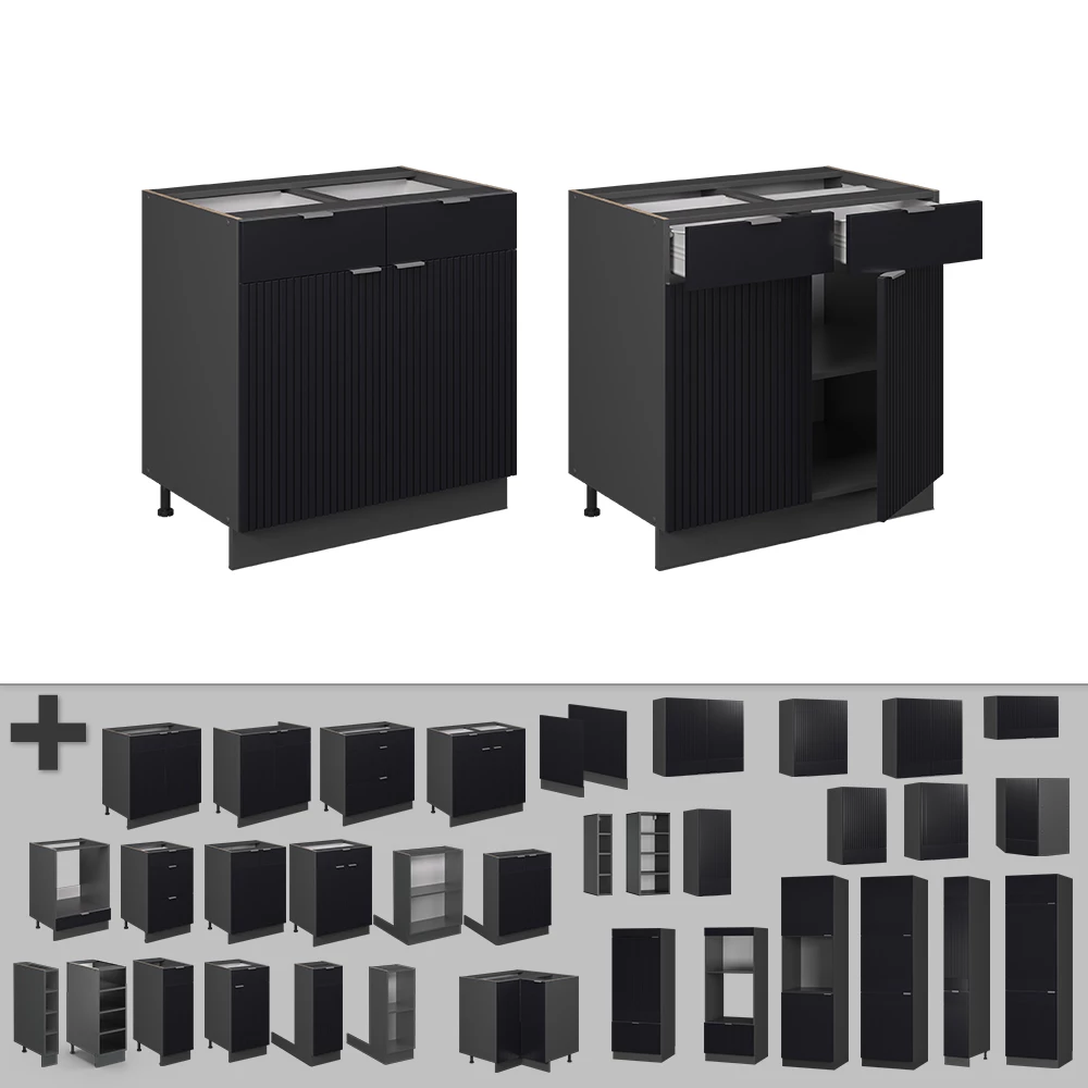 Nahaufnahme von Küchenunterschrank in Schwarz gestreift, zeigt Design- und Oberflächendetails