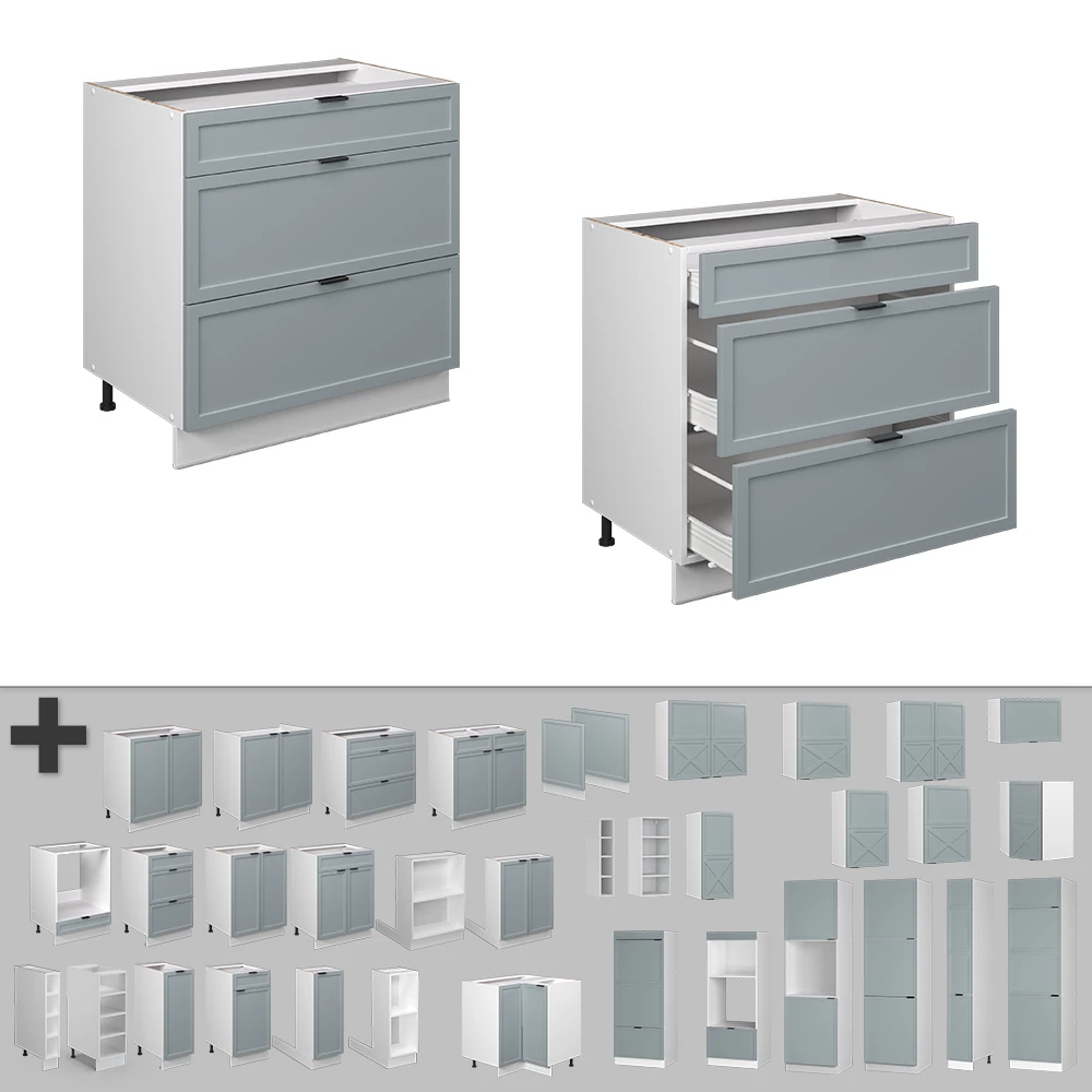 Nahaufnahme von Küchenunterschrank in Hellblau-grau, zeigt Design- und Oberflächendetails