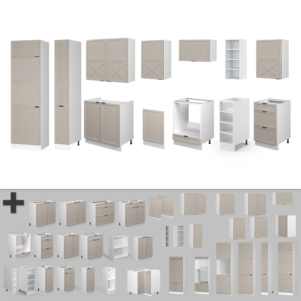 Gros plan de Cuisine en GrisBeige/Blanc, montrant le design et les détails de surface