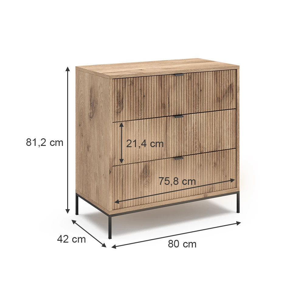Kommode  in Viking Oak auf weißem Hintergrund mit sichtbaren Maßen