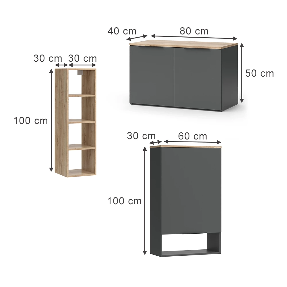 Wohnwand in Anthrazit auf weißem Hintergrund mit sichtbaren Maßen