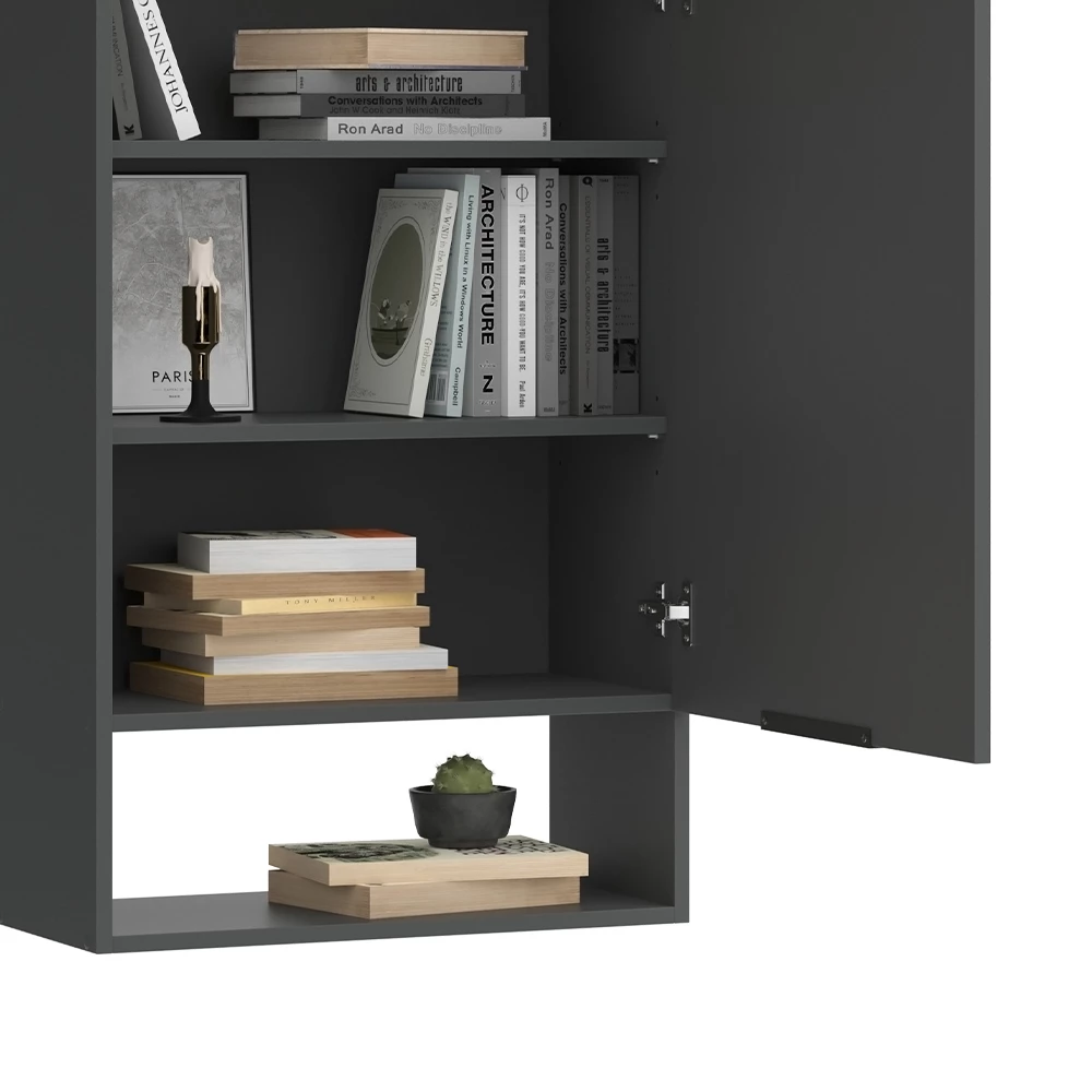 Nahaufnahme von Wohnwand in Anthrazit, zeigt Design- und Oberflächendetails