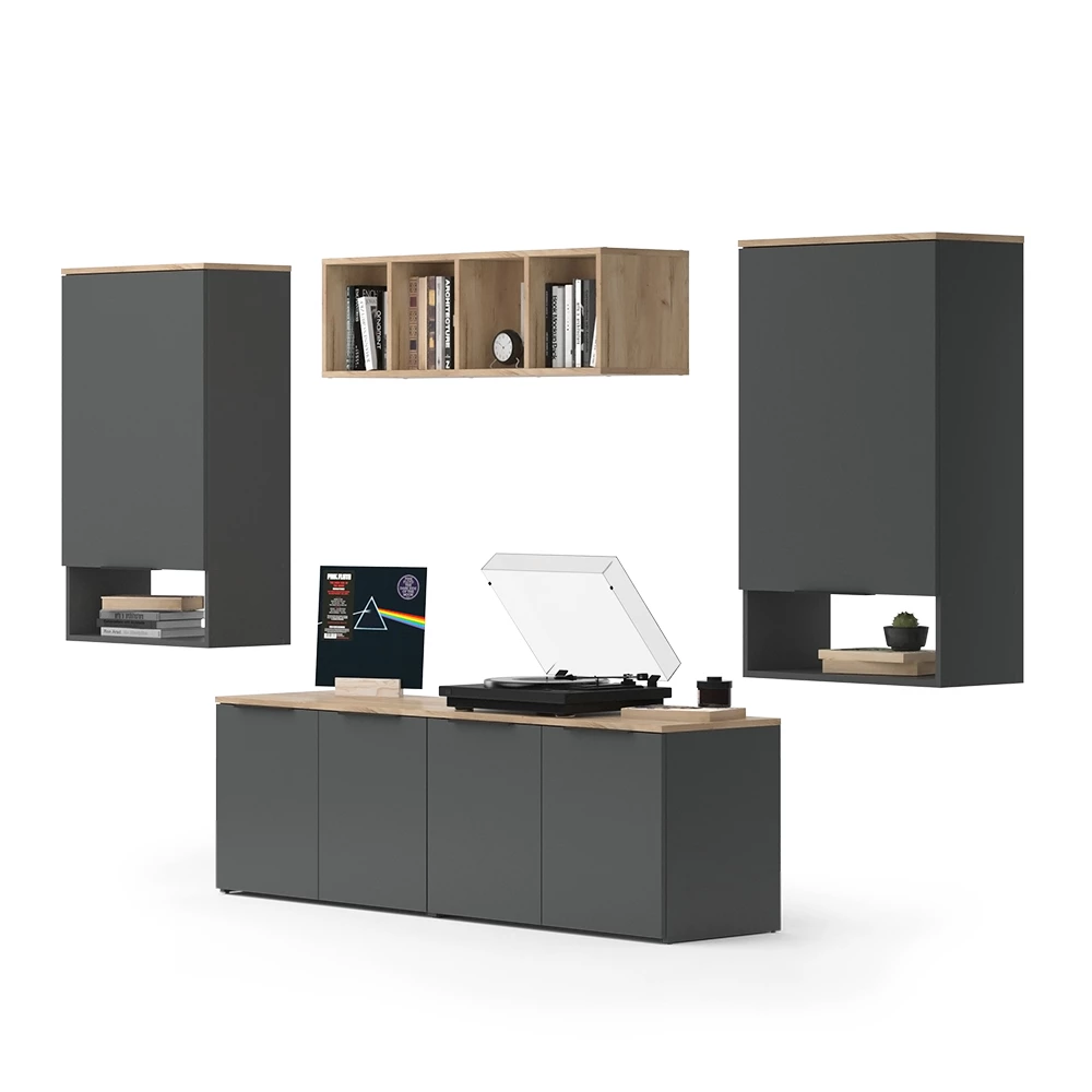 Wohnwand in Anthrazit auf weißem Hintergrund mit dekorativen Elementen