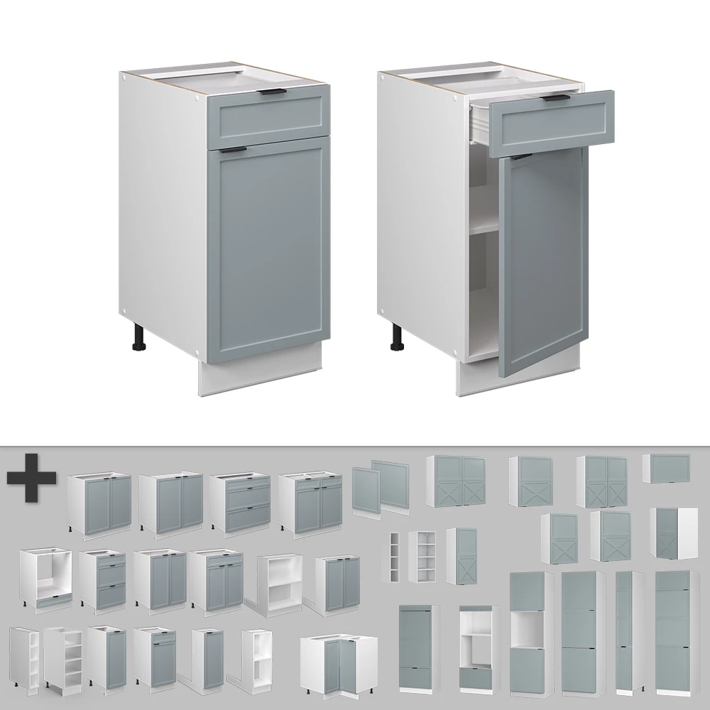 Nahaufnahme von Küchenunterschrank in Hellblau-grau, zeigt Design- und Oberflächendetails