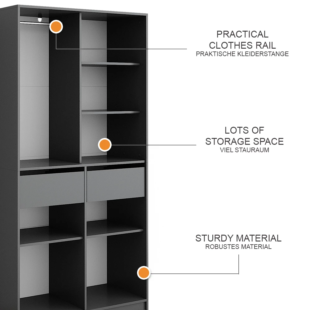 Vicco Kleiderschrank Anthrazit 100 x 200 cm mit 2 Schubladen, Elmo