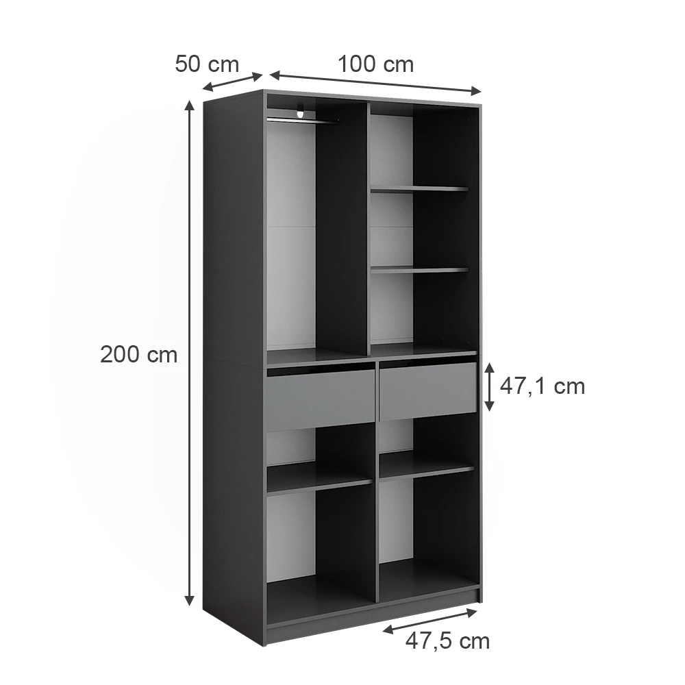 Vicco Kleiderschrank Anthrazit 100 x 200 cm mit 2 Schubladen, Elmo