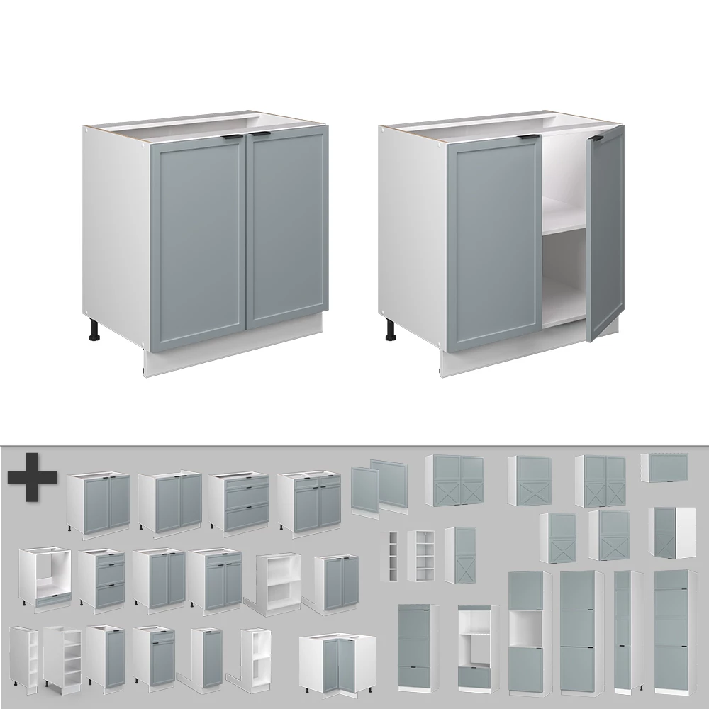 Nahaufnahme von Spülenunterschrank in Hellblau-grau, zeigt Design- und Oberflächendetails
