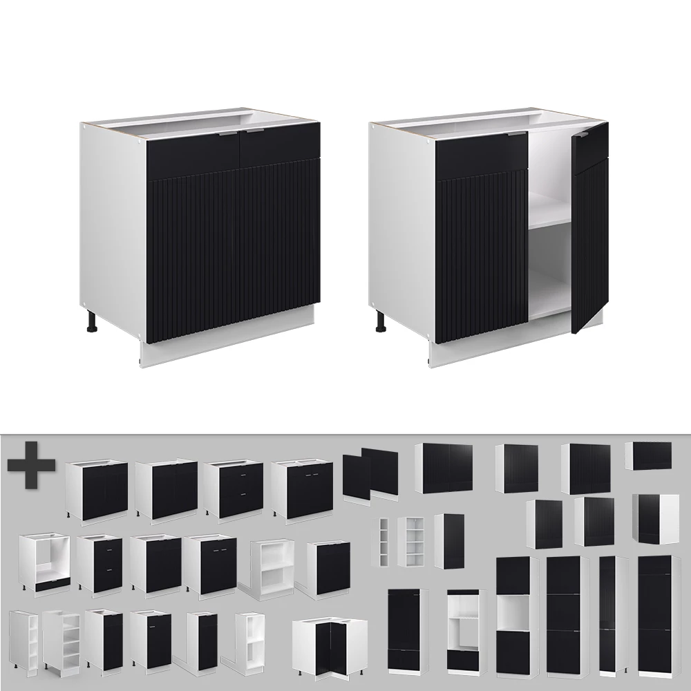 Nahaufnahme von Küchenunterschrank in Schwarz gestreift, zeigt Design- und Oberflächendetails