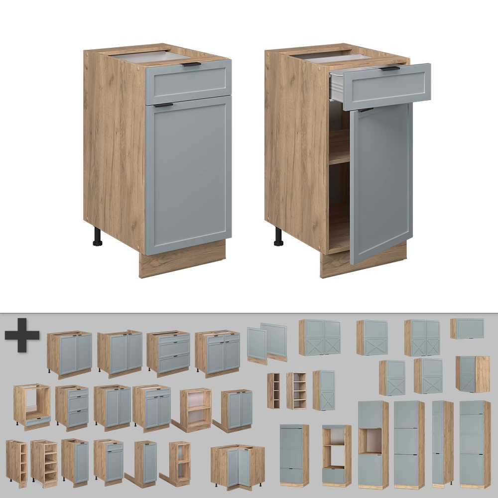 Nahaufnahme von Küchenunterschrank in Hellblau-grau, zeigt Design- und Oberflächendetails
