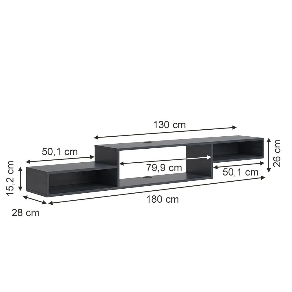Vicco Nízký nábytek pod televizi Černý beton 180 x 26 cm s otevřenými policemi, Drive