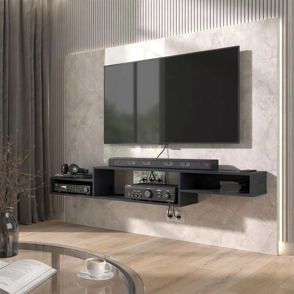 Vicco Nízký nábytek pod televizi Černý beton 180 x 26 cm s otevřenými policemi, Drive