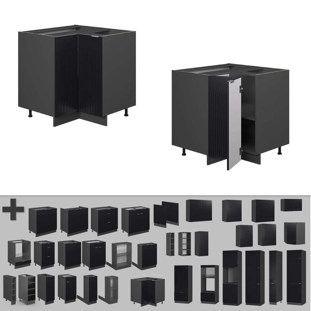 Nahaufnahme von Eckschrank in Schwarz gestreift, zeigt Design- und Oberflächendetails