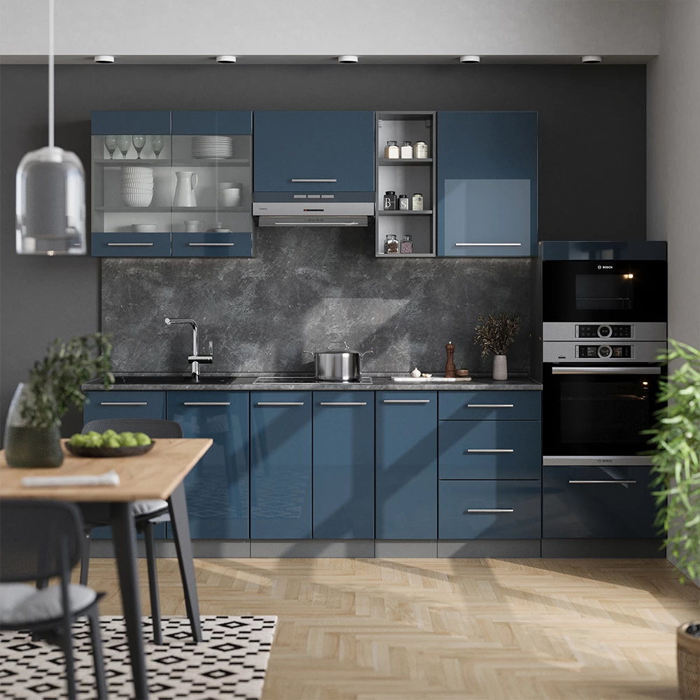 Vicco Kitchenette Albastru închis strălucitor/antracit 280cm, Fame-Line