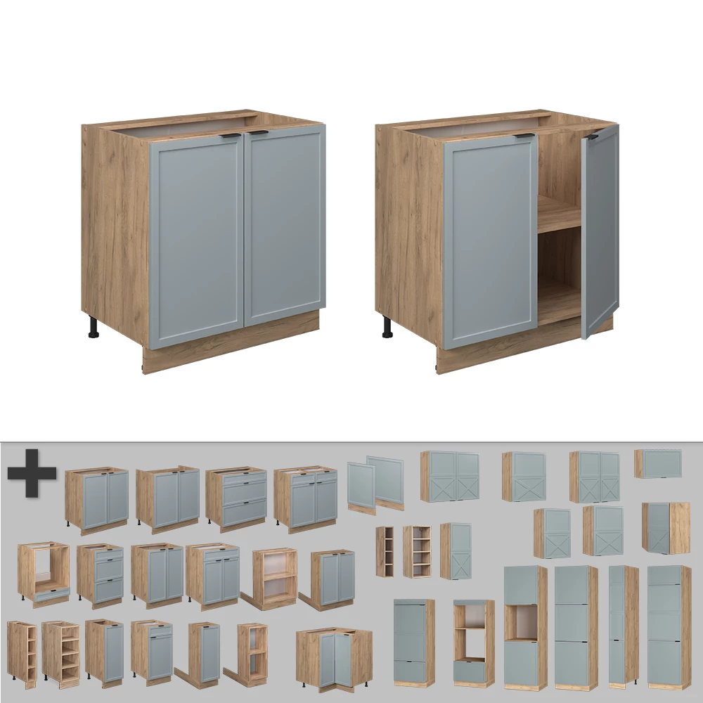 Nahaufnahme von Spülenunterschrank in Hellblau-grau, zeigt Design- und Oberflächendetails