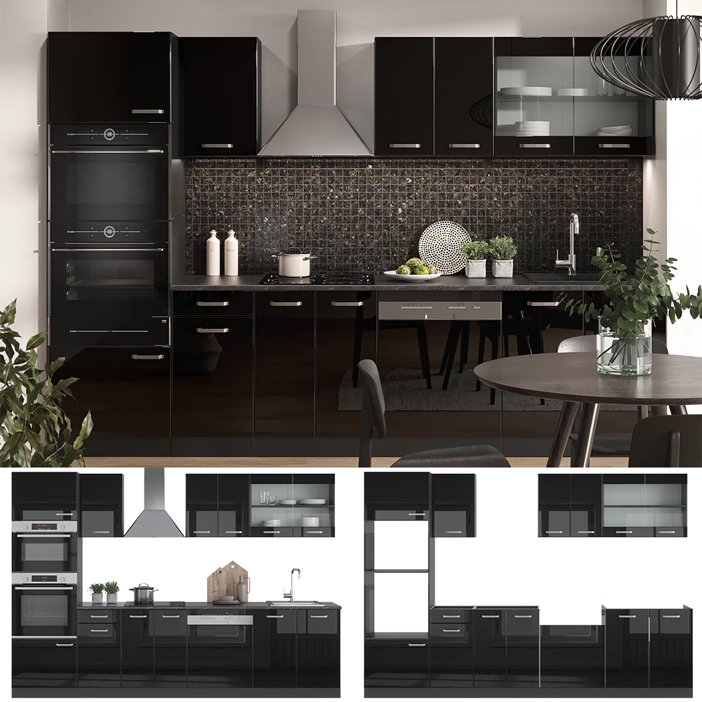 Küchenzeile R-Line Schwarz Hochglanz/Anthrazit 300 cm mit Hochschrank, AP Marmor livinity®