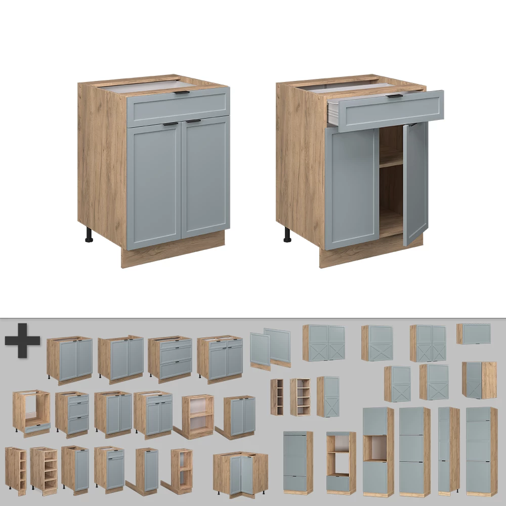 Nahaufnahme von Küchenunterschrank in Hellblau-grau, zeigt Design- und Oberflächendetails