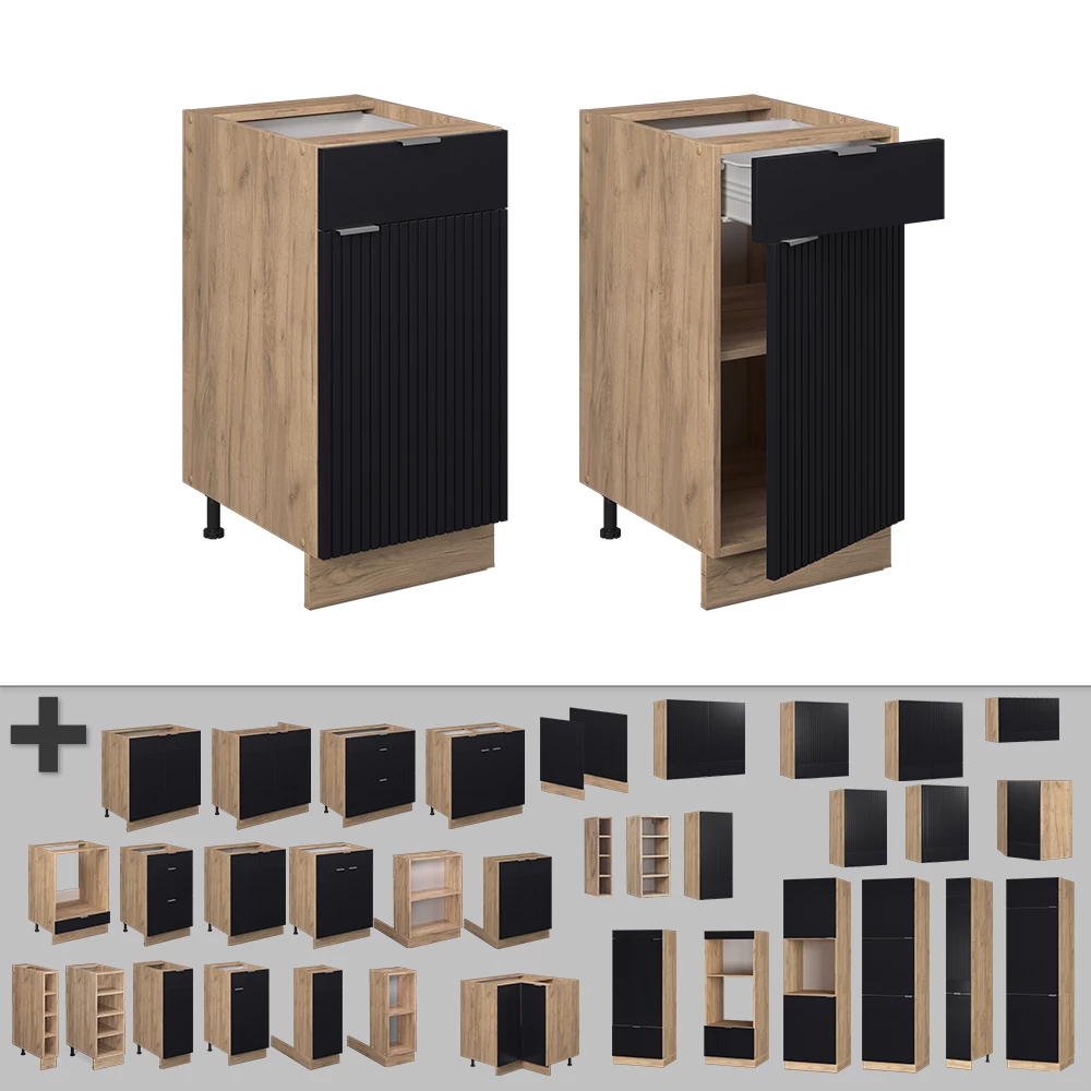 Nahaufnahme von Küchenunterschrank in Schwarz gestreift, zeigt Design- und Oberflächendetails