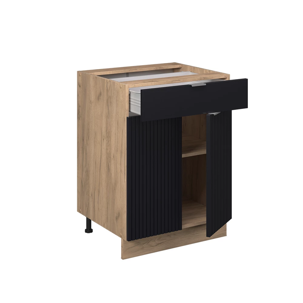 Nahaufnahme von Küchenunterschrank in Schwarz gestreift, zeigt Textur/Details