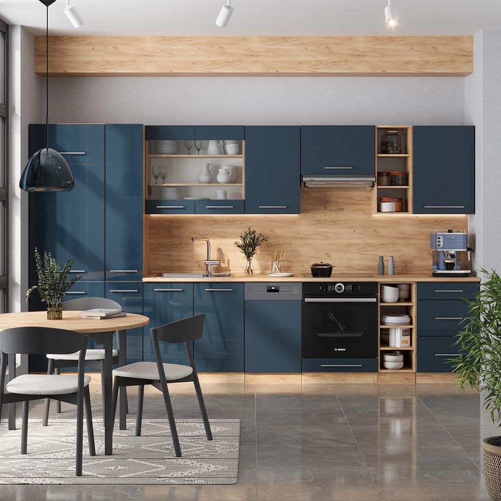Vicco Kuchynský kút Tmavomodrá vysoký lesk/dub Goldkraft 355 cm , AP Antracit, Fame-Line