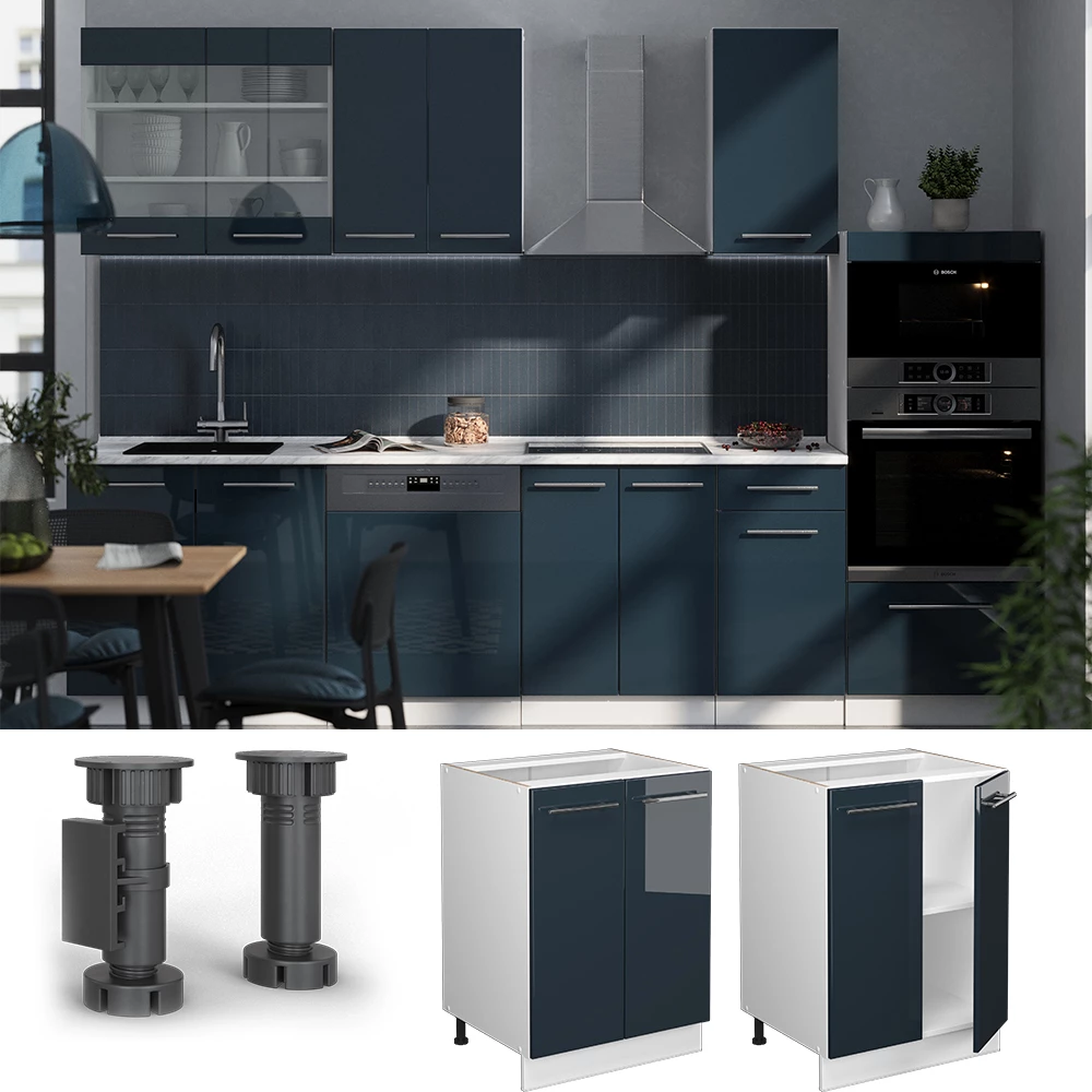 Küchenschränke  u boji Dunkelblau Hochglanz na bijeloj pozadini