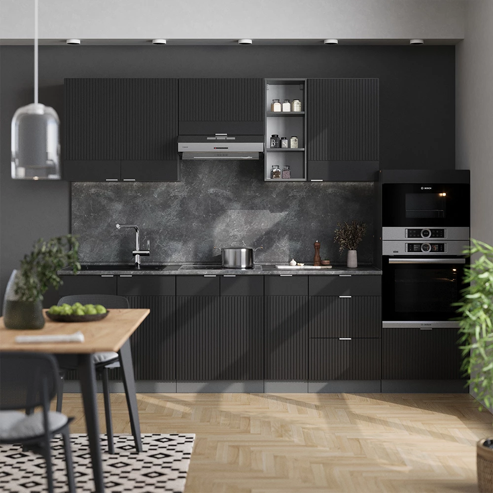 Čajna kuhinja u boji Schwarz gestreift/Anthrazit na bijeloj pozadini