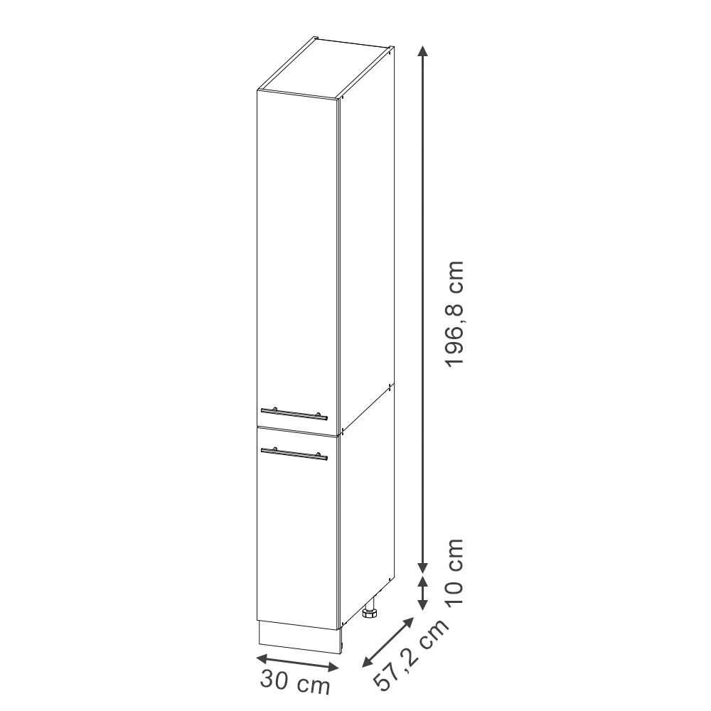 Apothekerschrank in GrauBeige auf weißem Hintergrund mit sichtbaren Maßen. Produktbezeichnung: livinity® Apothekerschrank Eiche Paneel 30 cm, Fame-Line