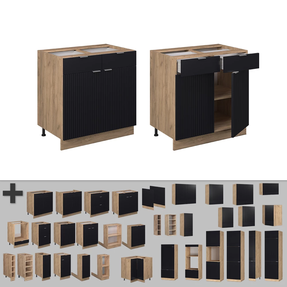 Nahaufnahme von Küchenunterschrank in Schwarz gestreift, zeigt Design- und Oberflächendetails