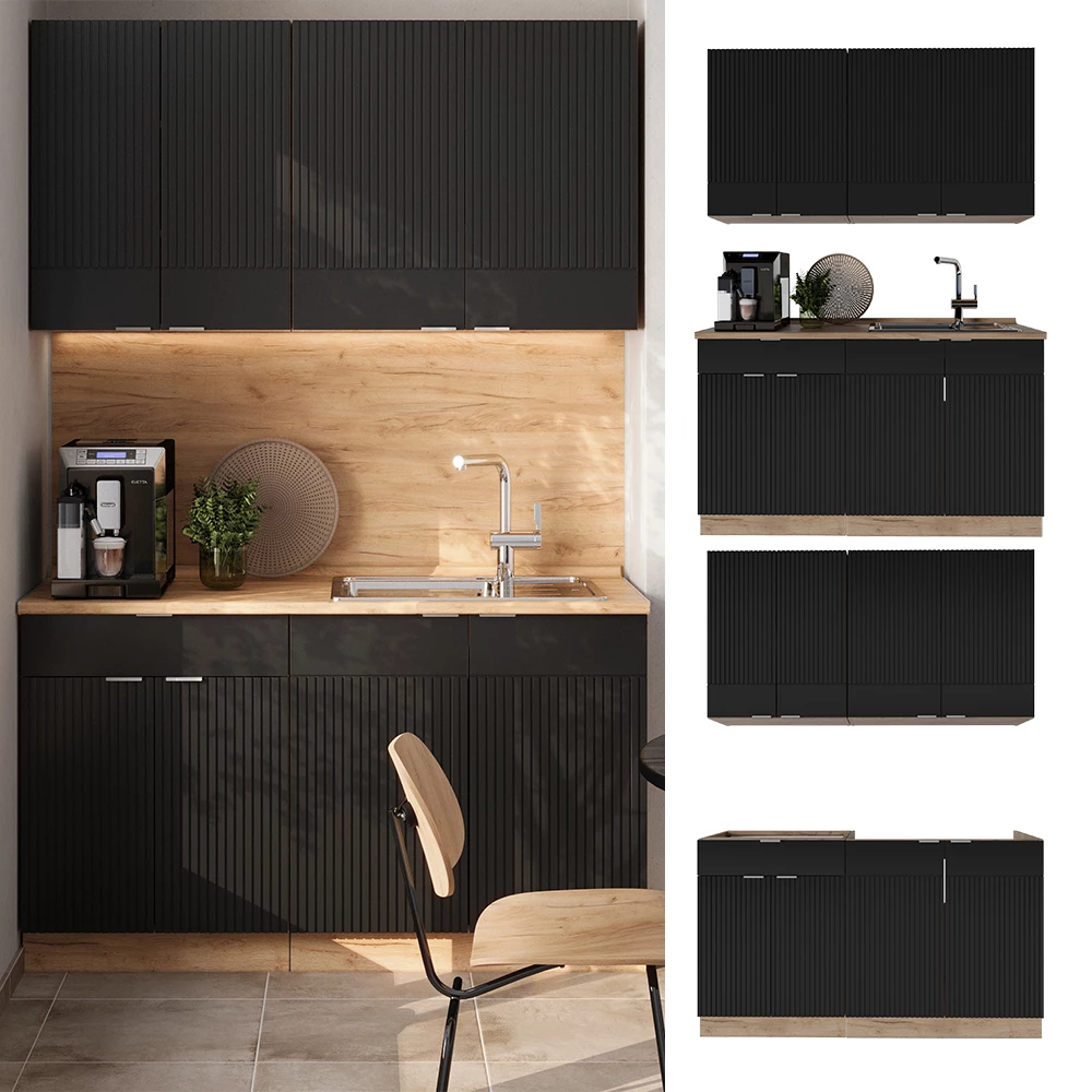 Cuisine en Noir rayé/Chêne doré, présenté dans un décor ambiant et sur fond blanc