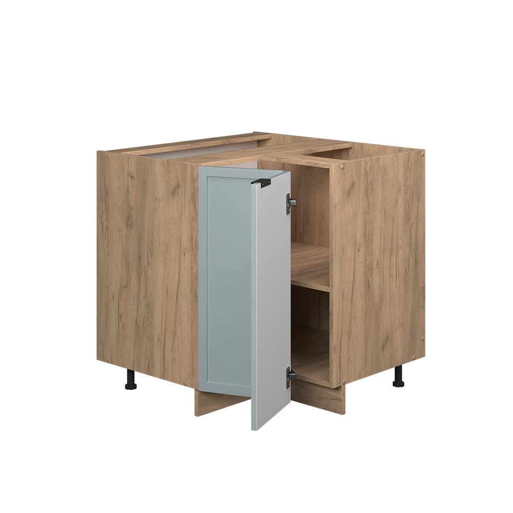 Eckunterschrank in Hellblau-grau auf weißem Hintergrund