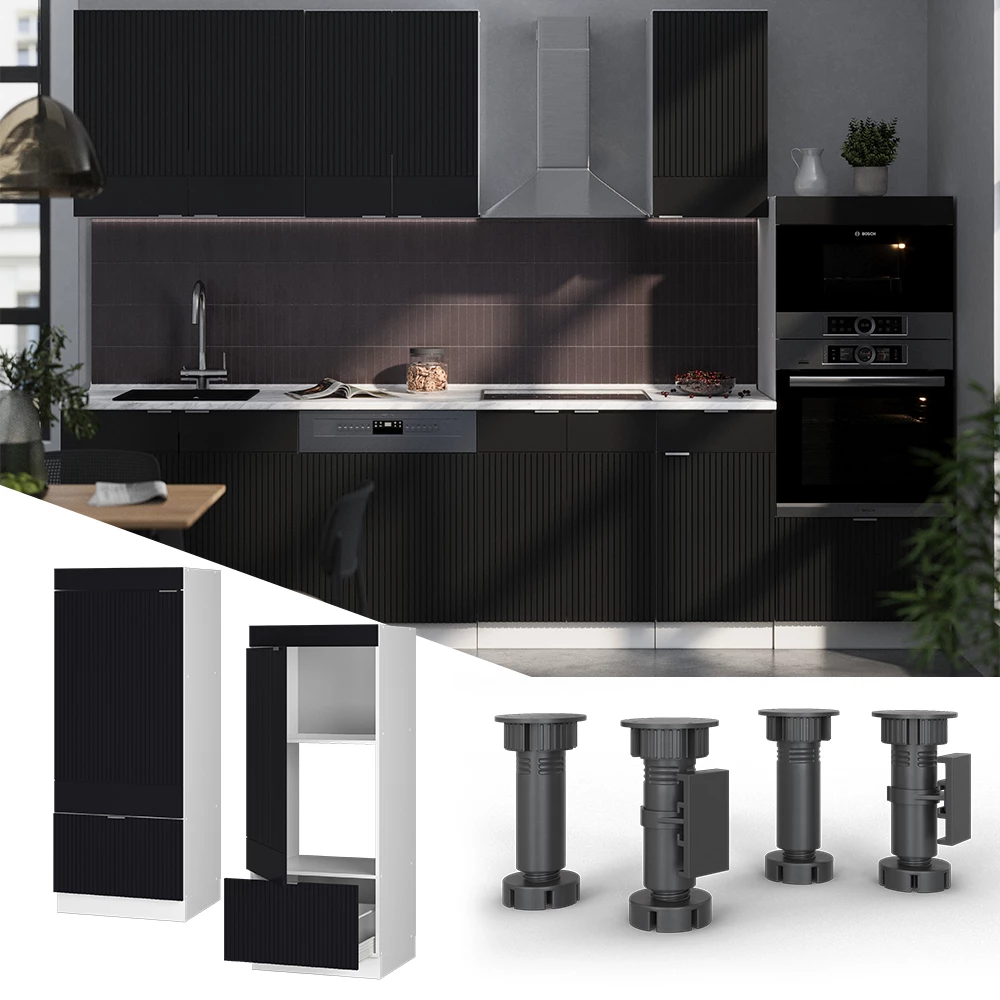 Mikrowellenschrank in Schwarz gestreift, dargestellt im Ambiente und auf weißem Hintergrund