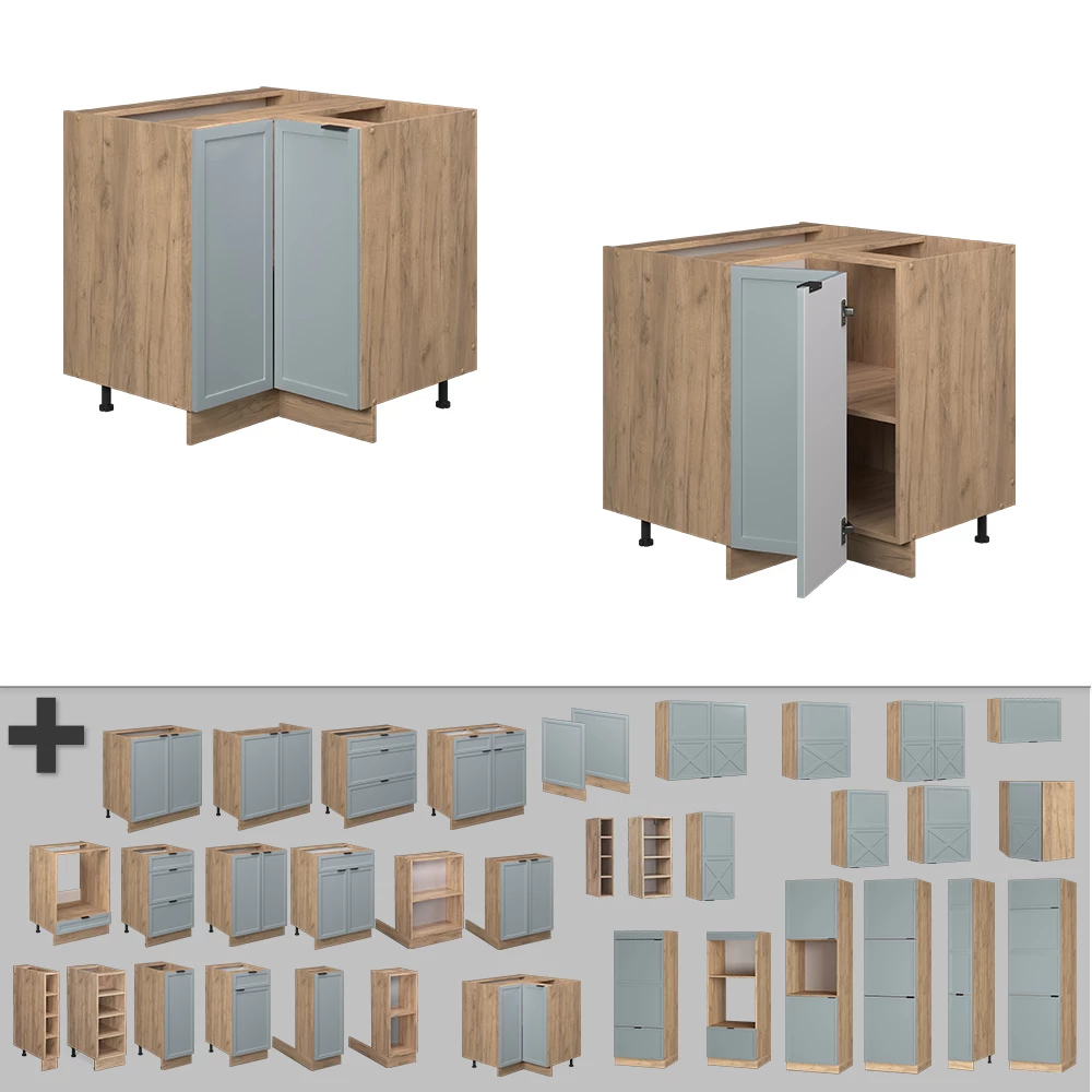 Nahaufnahme von Eckunterschrank in Hellblau-grau, zeigt Design- und Oberflächendetails