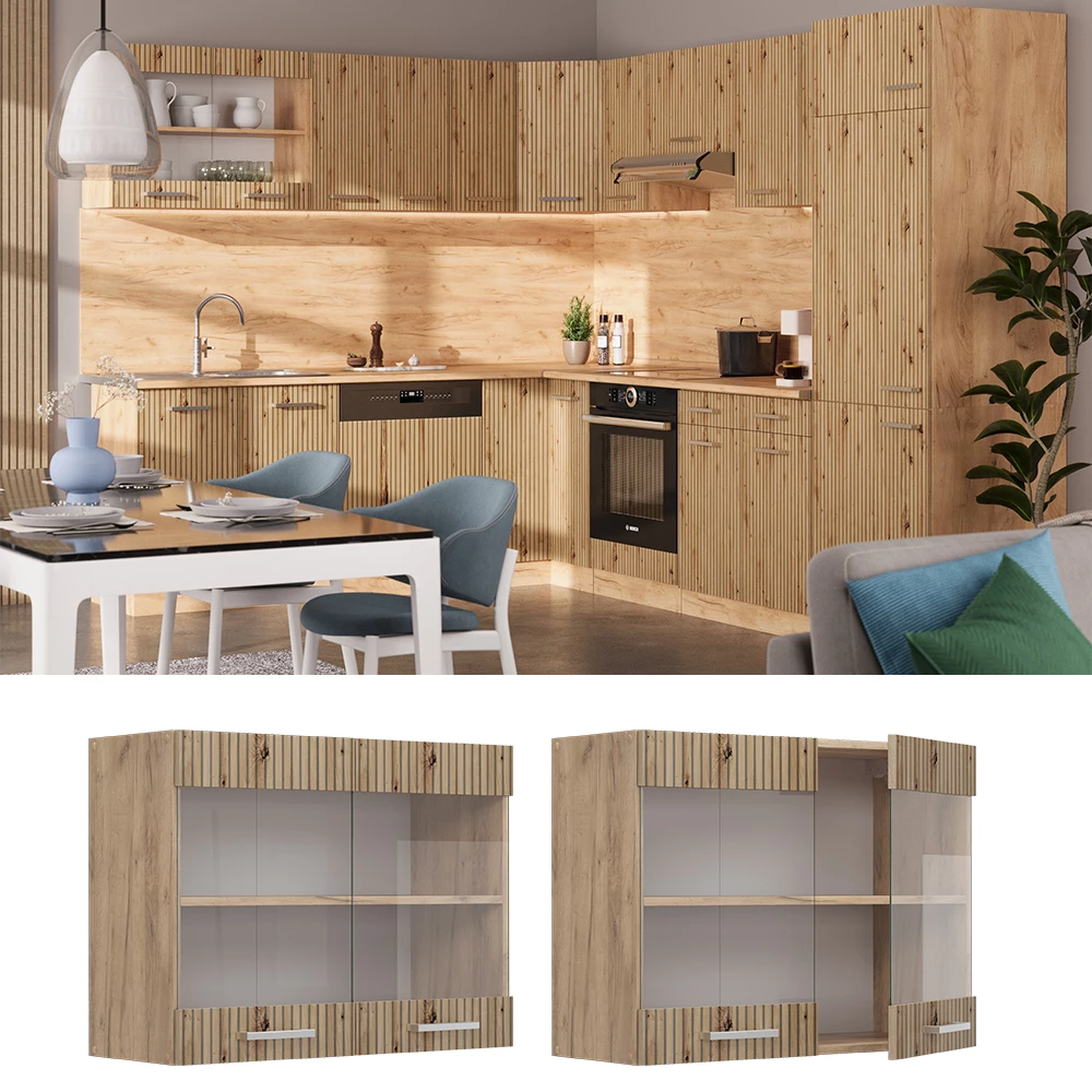 Küchenglasschrank in Artisan-Eiche, dargestellt im Ambiente und auf weißem Hintergrund