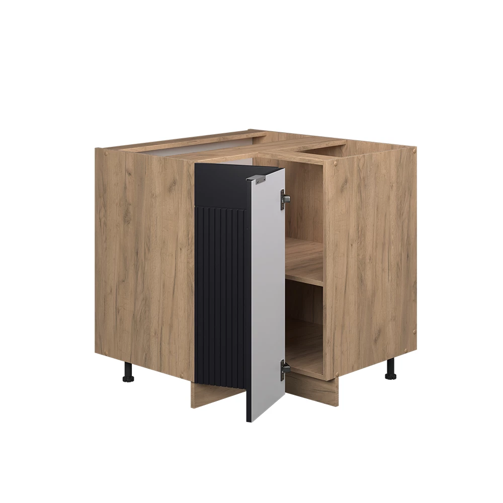 Nahaufnahme von Eckschrank in Schwarz gestreift, zeigt Textur/Details