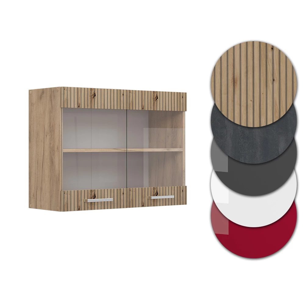 Nahaufnahme von Küchenglasschrank in Artisan-Eiche, zeigt Design- und Oberflächendetails